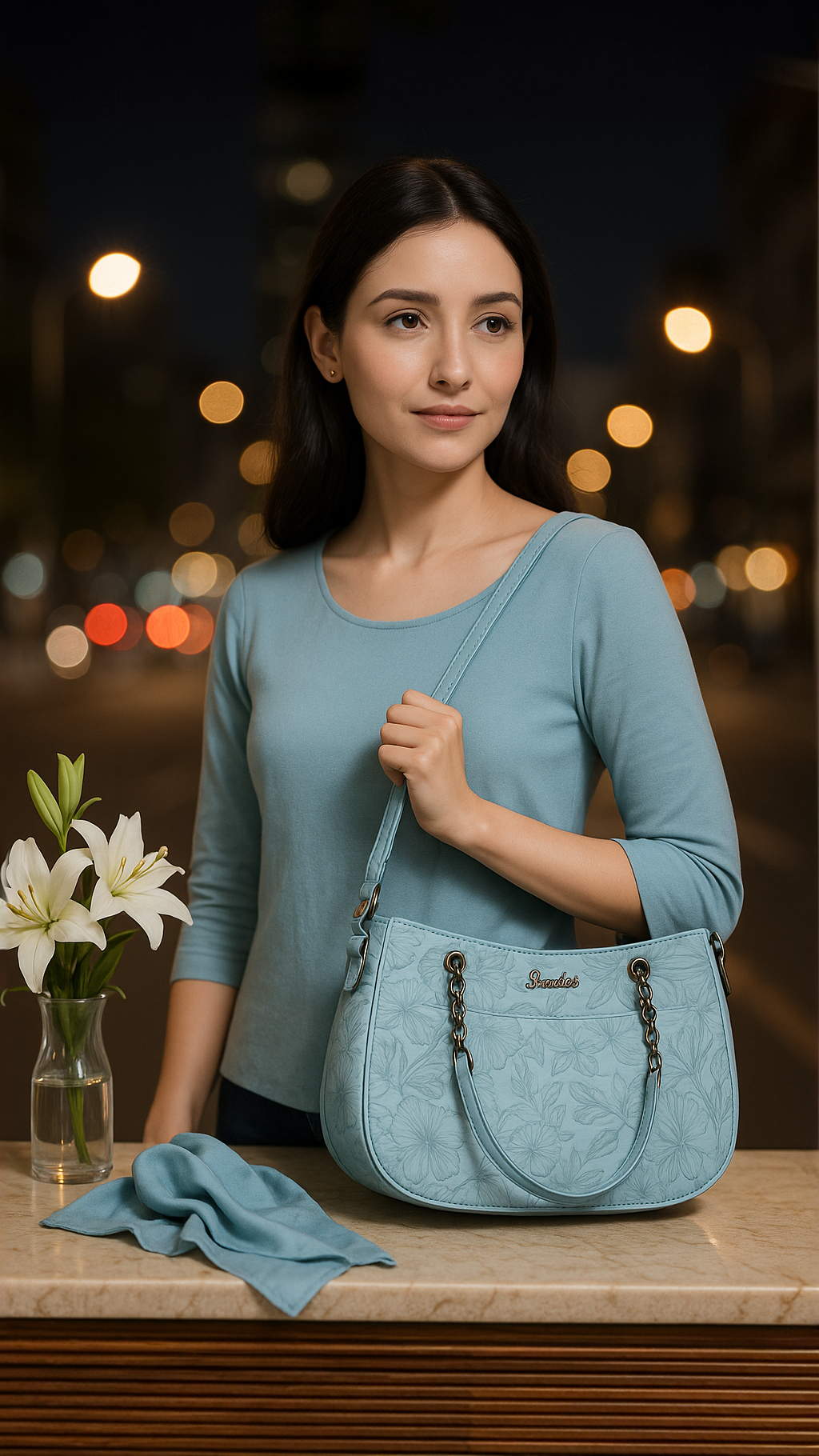 Floral Embossed bag sky blue