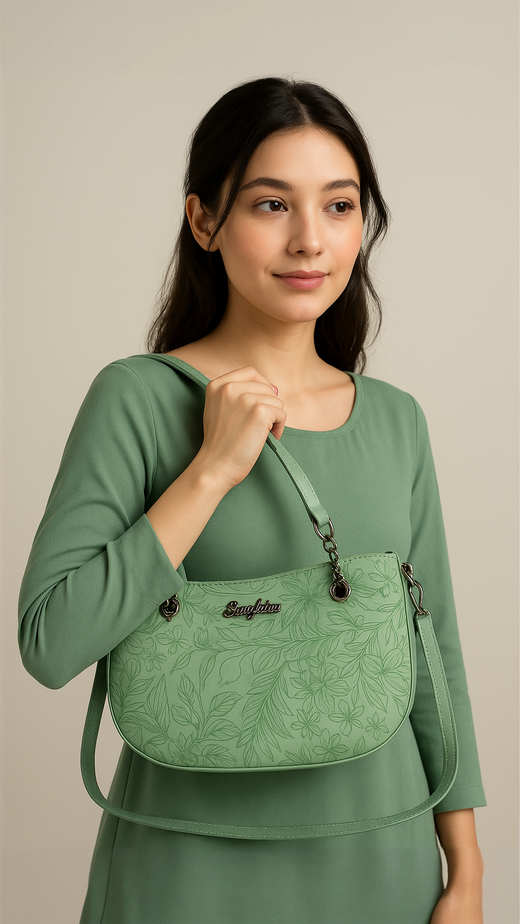 floral embossed bag green